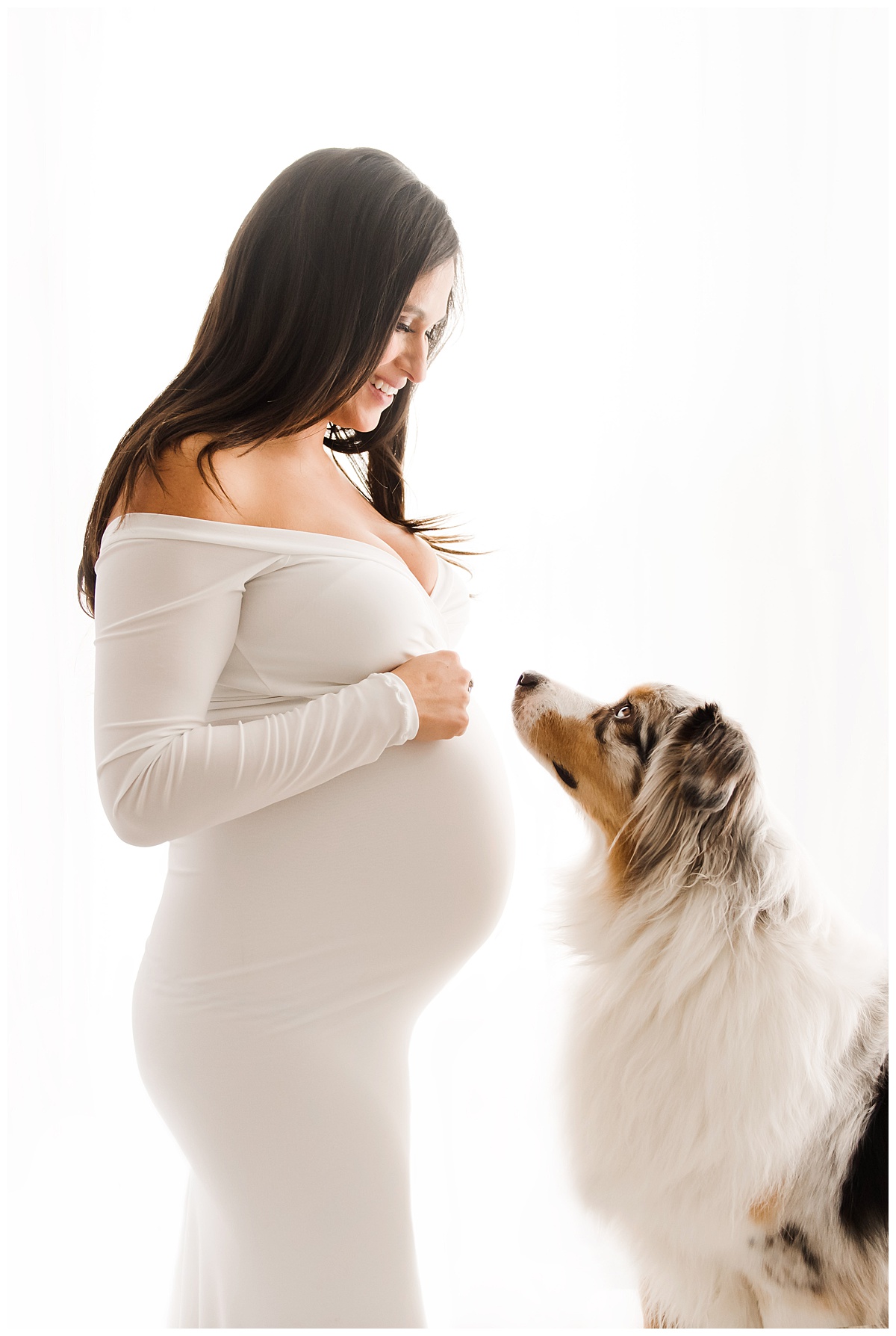 maternity session with dog looking at belly